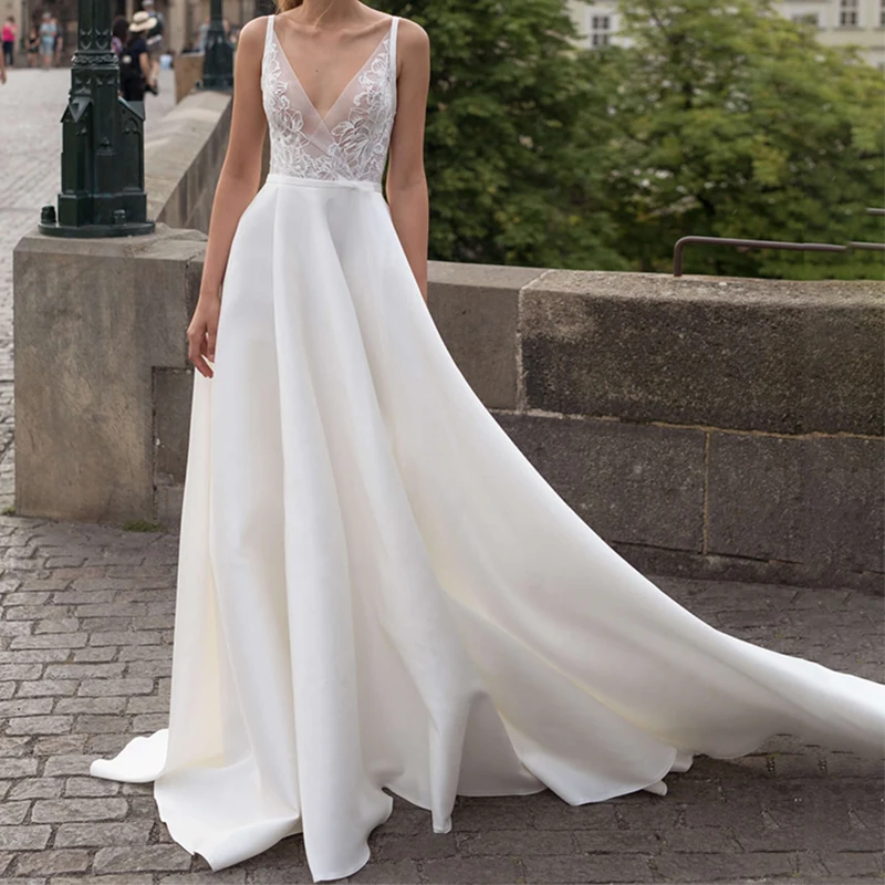 

Женское свадебное платье цвета слоновой кости, элегантное ТРАПЕЦИЕВИДНОЕ ПЛАТЬЕ на бретелях-спагетти с глубоким V-образным вырезом и круже...