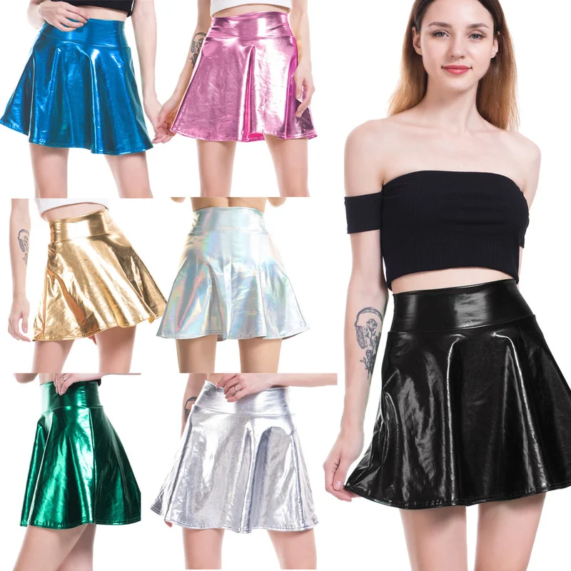 

Sexy Mini Dress Bodycon Laser Hight Waist Mini Leather Skirts Club Party Skirts Casual Pleated Skirt Miniskirts Women Clothing