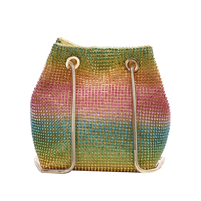 

Colorful Mini PU Leather Bucket Bags For Women 2020 Luxury Rhinestone Chain Crossbody Shoulder Handbags Female Travel Bag D419