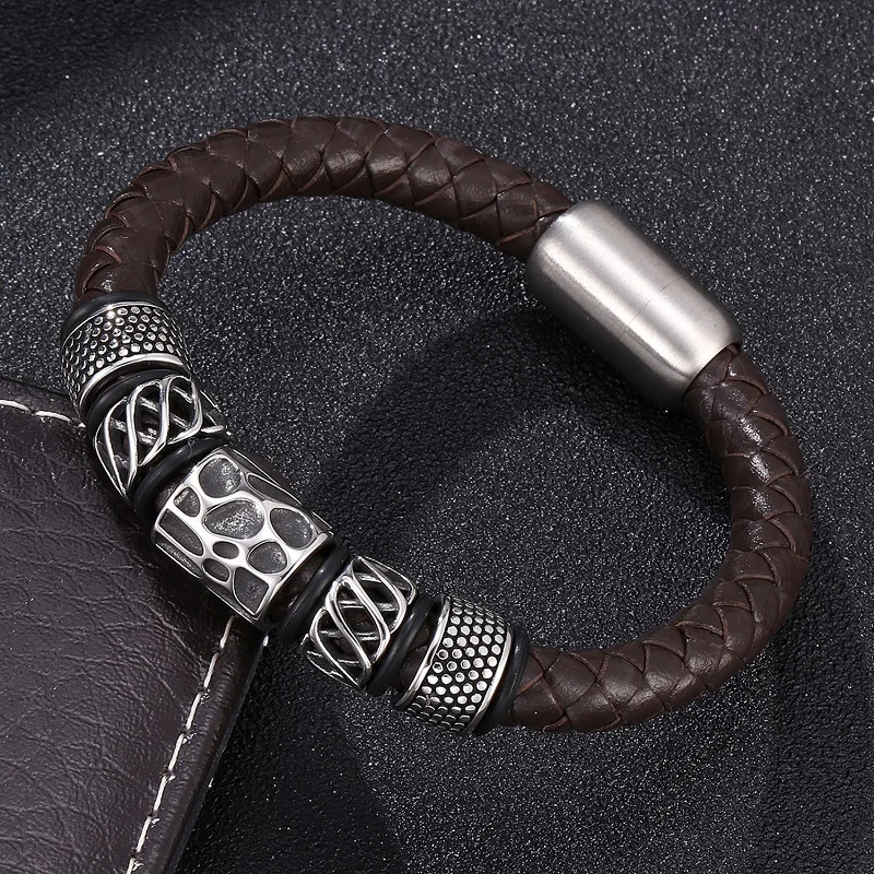 Новые черные браслеты мужские Модные из нержавеющей стали с бусинами кожаные