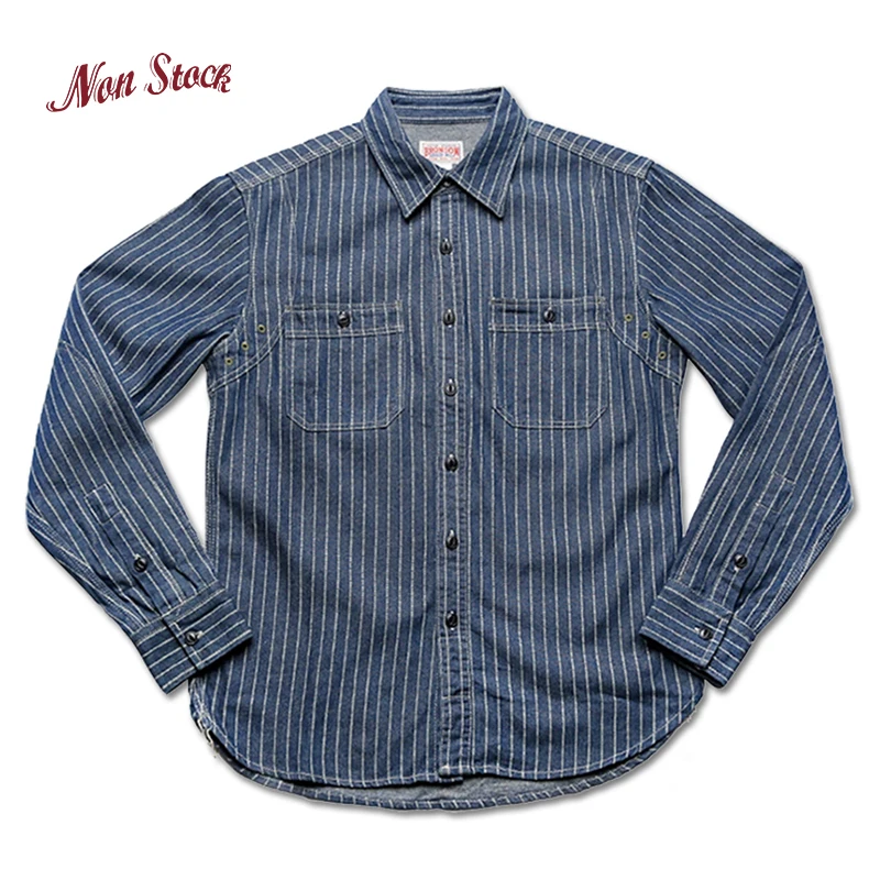 Non Stock 9oz Wabash Cotton Vent Hole Worker Shirt Men’s Casual Vintage Denim Striped Indigo Long Sleeve Work-Shirts | Мужская одежда