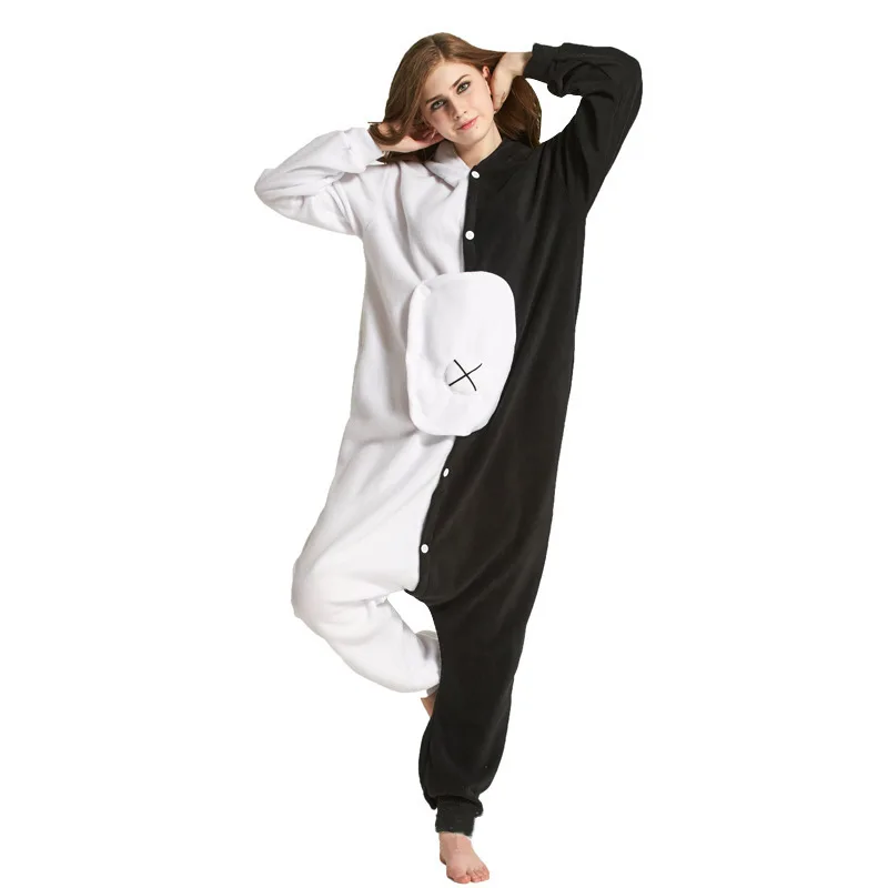 

2020 Autumn and Winter Animal Cartoon One-piece Pajamas Black and White Bear Polar Fleece Couple Ladies Home Clothes