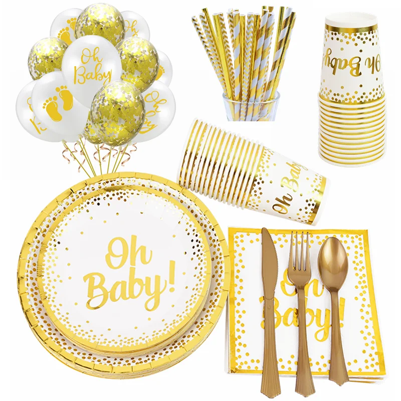 

Baby Shower Oh Baby Gold Disposable Tableware Paper Plate Cup Napkin for Kids Boy Girl Birthday Party Gender Reveal Decoration 7