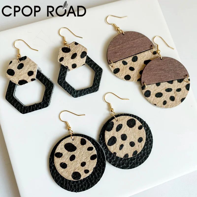 

Cpop Leopard Genuine Leather Earrings for Women Horse Hair Geometirc Round Wood Earrings Fashion Jewelry Hot Sale Gift Wholesale
