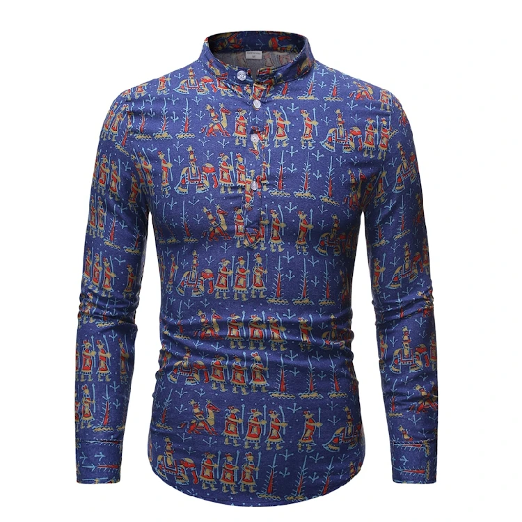 Мужская льняная рубашка с воротником стойкой желтая камуфляжная на пуговицах