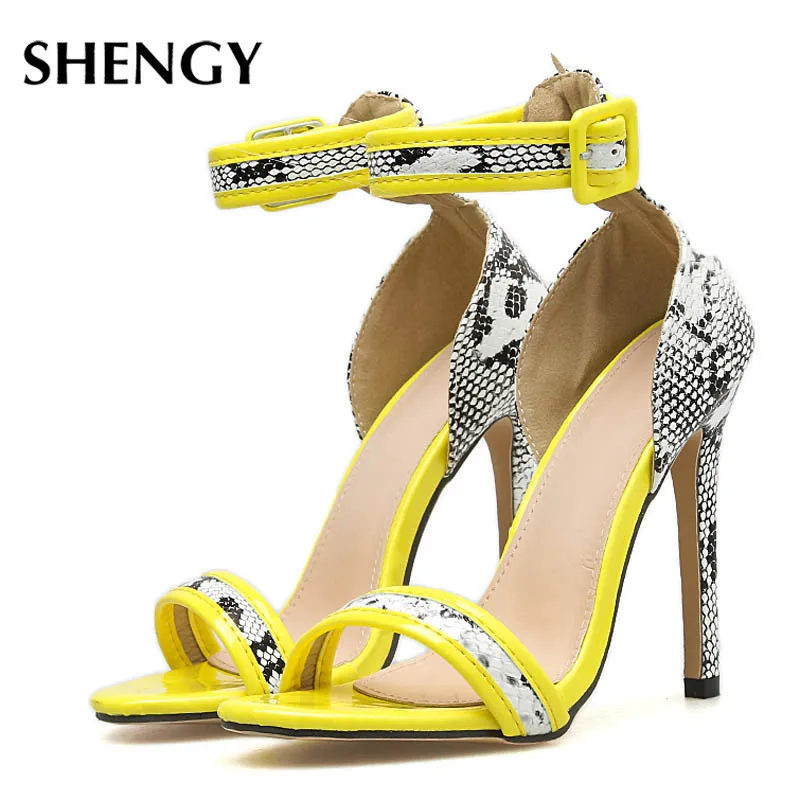 2020 Women Ankle Strap PUMPS Snake Print Thin Heel Fashion Peep Toe Ladies Shoes 2019 New Sandals | Обувь