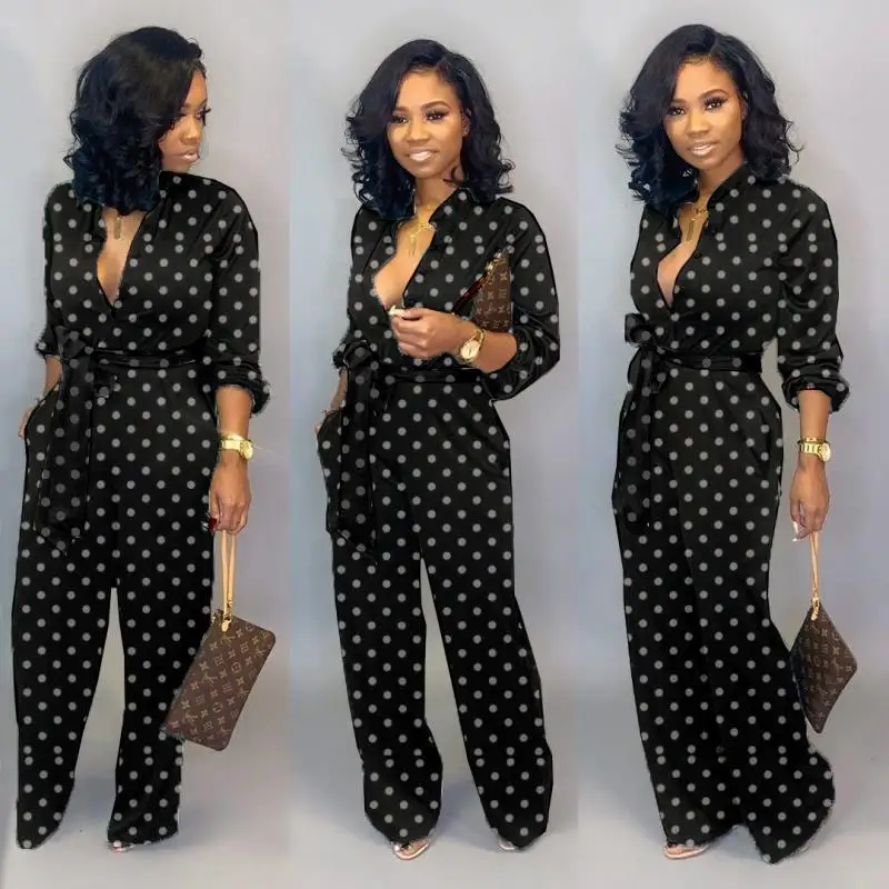 New Fashion Jumpsuit For Women 2019 Dot Black White Rompers Button Up Self Belted Pockets Womens Jumpsuit Casual Loose Romper