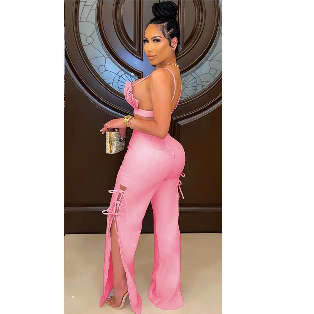 

2021 pleated rope split sexy women's two-piece suit