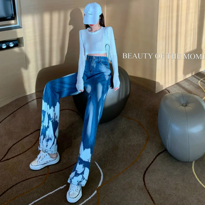 

Wide Leg Jeans Women High Waist Vintage Streetweaar Painted Drape Trousers Loose Casual Womens Clothing Quality 2020 Autumn Tide