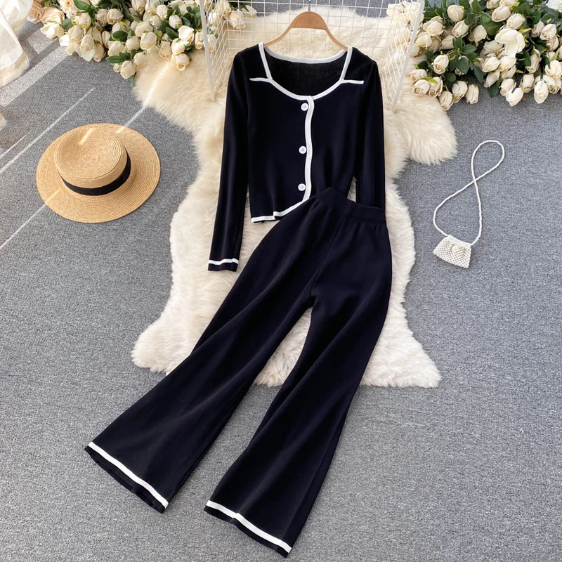 

Women Patchwork Knitted 2-pieces Sweater Suit O-neck Single-Breasted Cardigan Sweater+Wide Leg Pants Lady Winter Sweater Set New