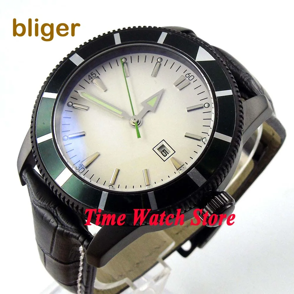 

Bliger 46mm white sterial dial date green bezel luminous black PVD case deployant clasp Automatic men's watch 504