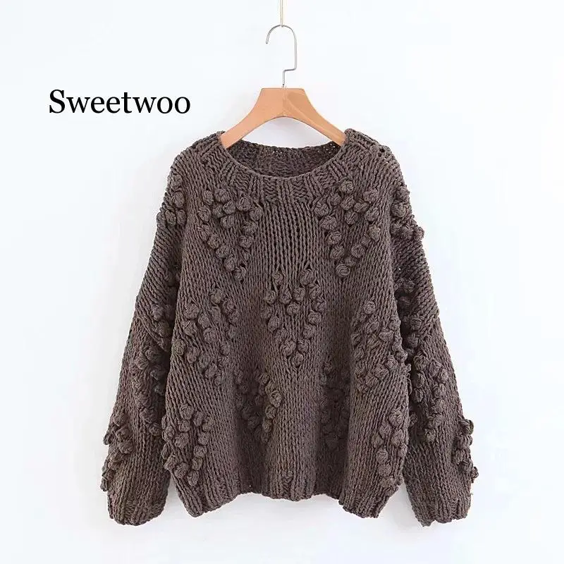 Осенний вязаный свитер ручной работы из грубой шерсти Женская водолазка пуловер