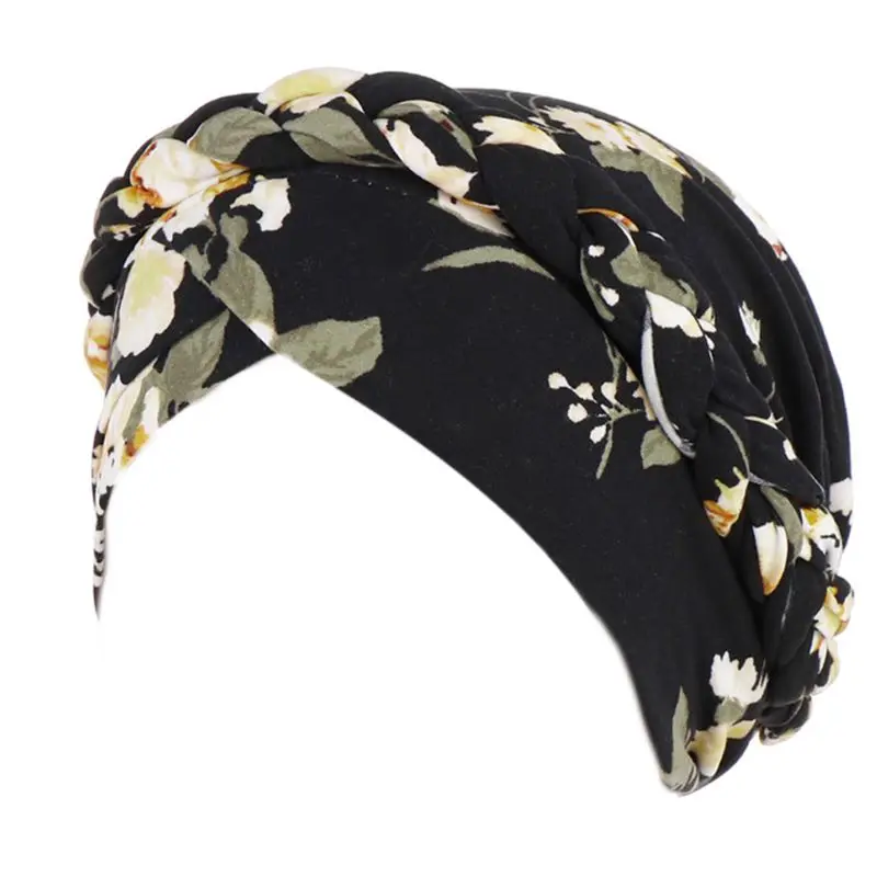 

Muslim Womens Turban Hat Colored Floral Leaves Print Indian Beanie Headwrap Twist Braided Cross Front Ruffle Chemo Cap Hijab
