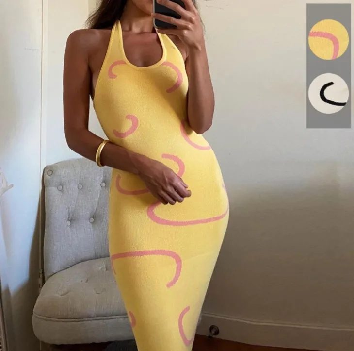 

2021 Knitted Bodycon Dress Women Halter Neck Summer Yellow Sleeveless Midi Backless Party Sexy Dresses Beach