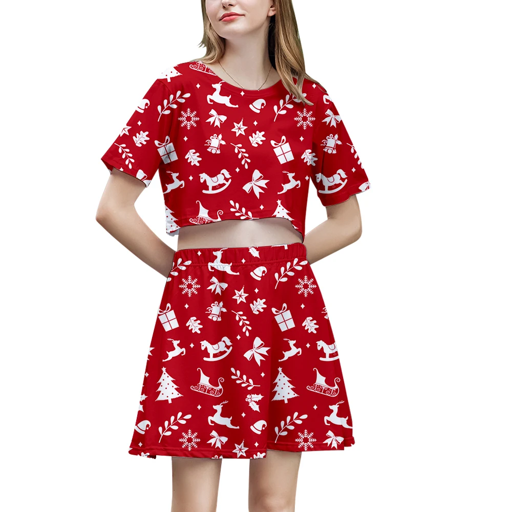 

Christmas 3D Printed Women Two Piece Set Fashion Summer Short Sleeve Crop Top+Skirt 2019 Hot Sale Streetwear Clothes
