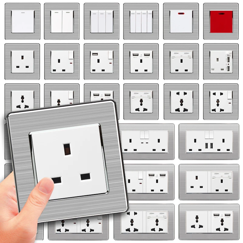 Розетка настенная из нержавеющей стали 13 А 5 В 2 1 С пылезащитной крышкой 86 х86