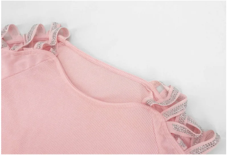 

Sexy Off Shoulder Mini Dresses Women Autumn Hollow Out Diamond Decor Cross Spliced Long Sleeve O-Neck Solid Slim Wrap Hips Dress