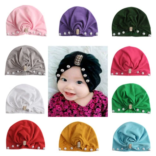 Зимние Детские шапочки однотонный бантик с пералом Детская повязка на голову