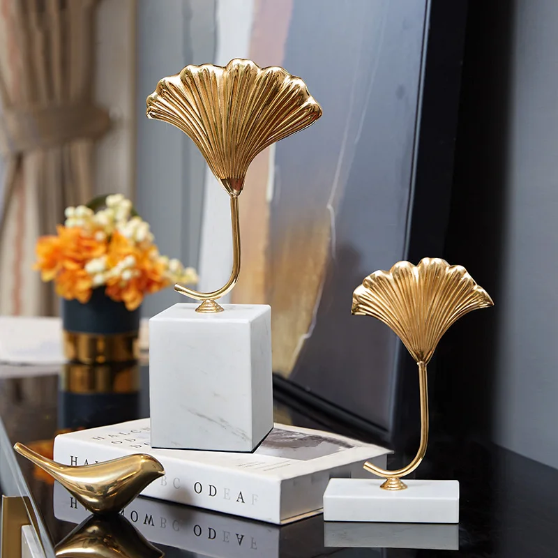

European Style Marble Ginkgo Decoration Luxury Living Room Study Wine Cabinet Metal Almond Leaf Craft Decoration Home Ornaments
