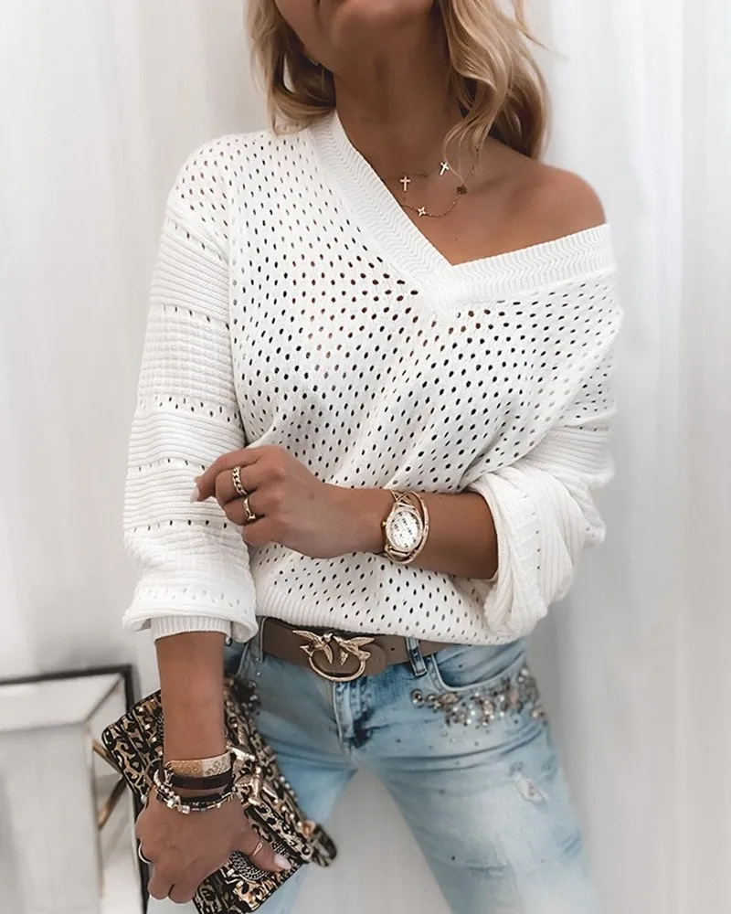 

Women Sweater New Hollow-Out V-Neck Long Sleeve Sweater Casual Sweater