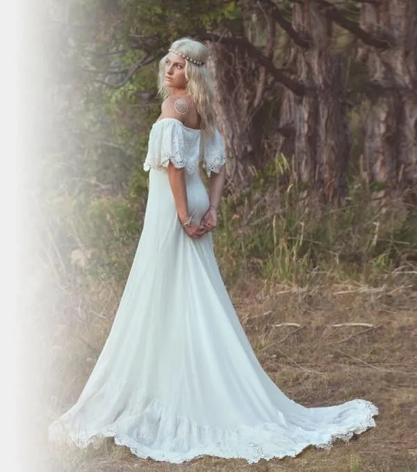 New Bohemian Wedding Dresses Casual Boho Bridal Gowns Off the Shoulder Lace Brides Wear Court Train Portrait robe de mariee | Свадьбы и