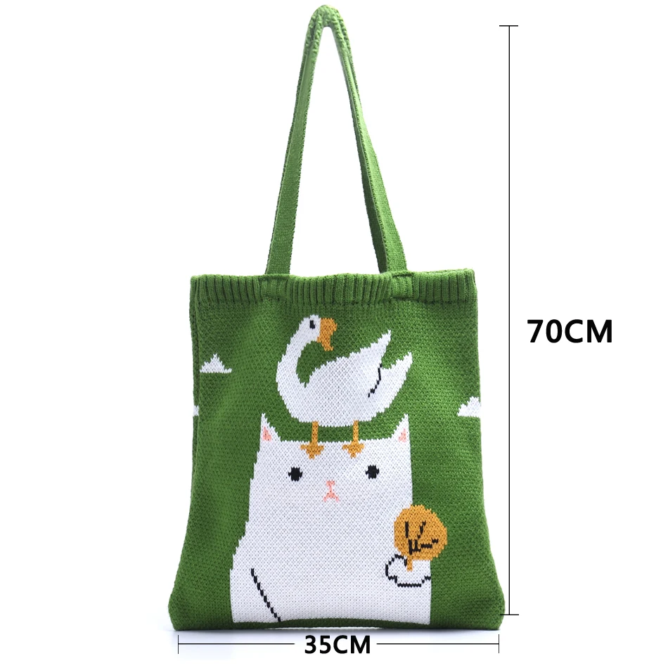 

Girls Cute Cat Pattern Knitting Woolen Top-handle Tote Bag Female Korean Japanese Style Stylish Casual Soft Daily Open Handbag