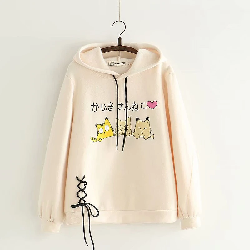 Harajuku kawaii женский милый кашемировый пуловер с 3 забавными котами и длинным рукавом, худи из хлопка с капюшоном, свободные толстовки для женщин - Цвет: kahaki