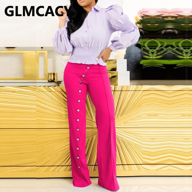

Women High Waist Casual Button Decor Loose Pants