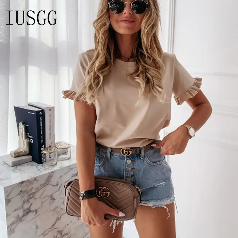 Новинка 2020 Однотонная футболка в простом стиле с коротким рукавом и круглым