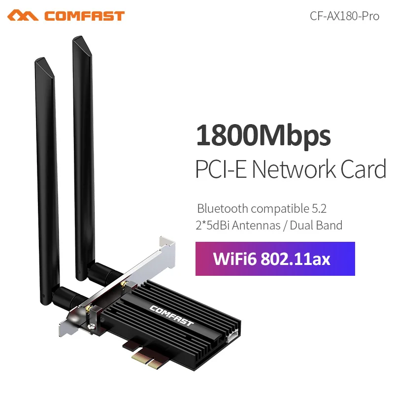 

WiFi6 1800Mbps PCI-E WiFi Adapter 2.4G&5G High Speed 801.ax Network Card 2*5dBi Antenna Bluetooth 5.2 For Win10/11 AX180 Pro