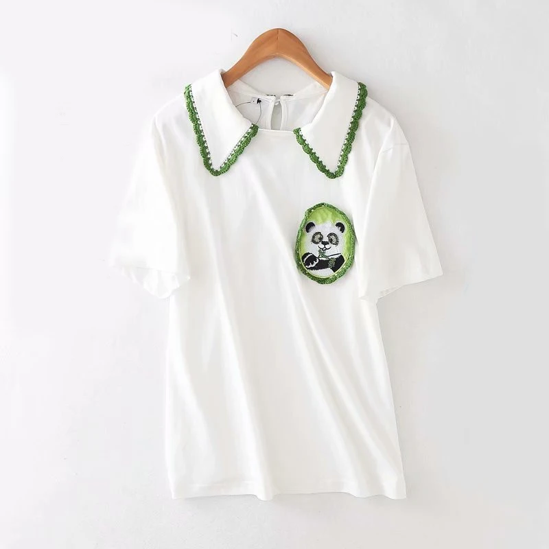 

Women Fashion Panda Embroidery White Summer Cotton Long T-shirts Chic Lady Stylish Short Sleeve High Quality Manual Crochet Tops