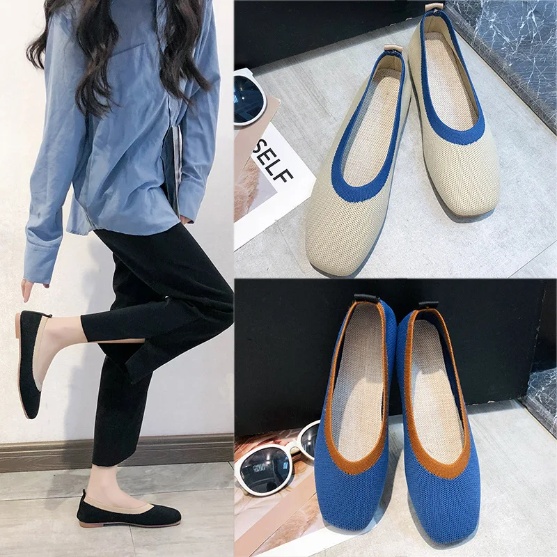 2020 Женская квадратная голова Flache Schuhe Atmungs Stricken Spitze Mischfarbe frauen Weiche Frauen Zapato de|Обувь