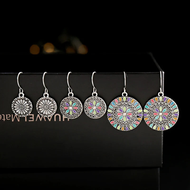 Этнические женские круглые богемные серьги цветные цветы из сплава тибетские