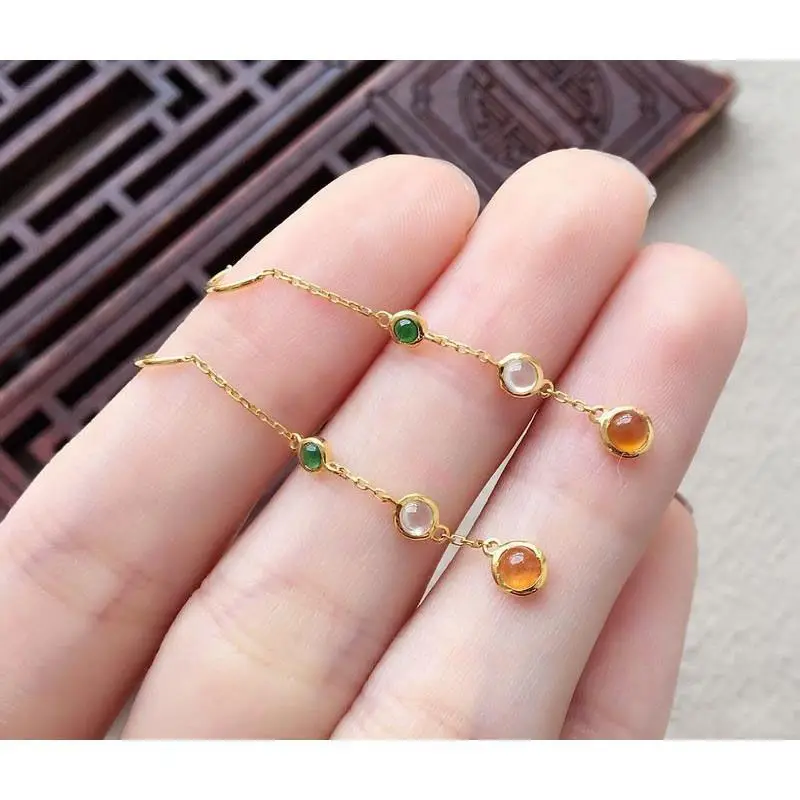 

Оригинальные новые инкрустированные длинные серьги из натурального халцедона трех цветов с круглым яйцом Элегантные Очаровательные креат...