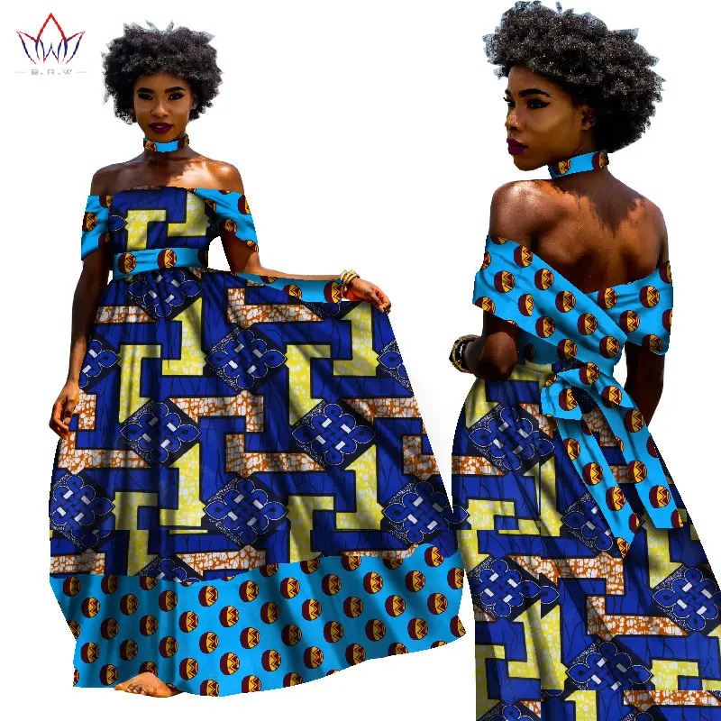 BINTAREALWAX AFRICAN DRESSES FOR WOMEN BAZIN RICHE DRESSES LONG DRESS WITH NECKLACE TRADITIONAL AFRICAN CLOTHING WY1817