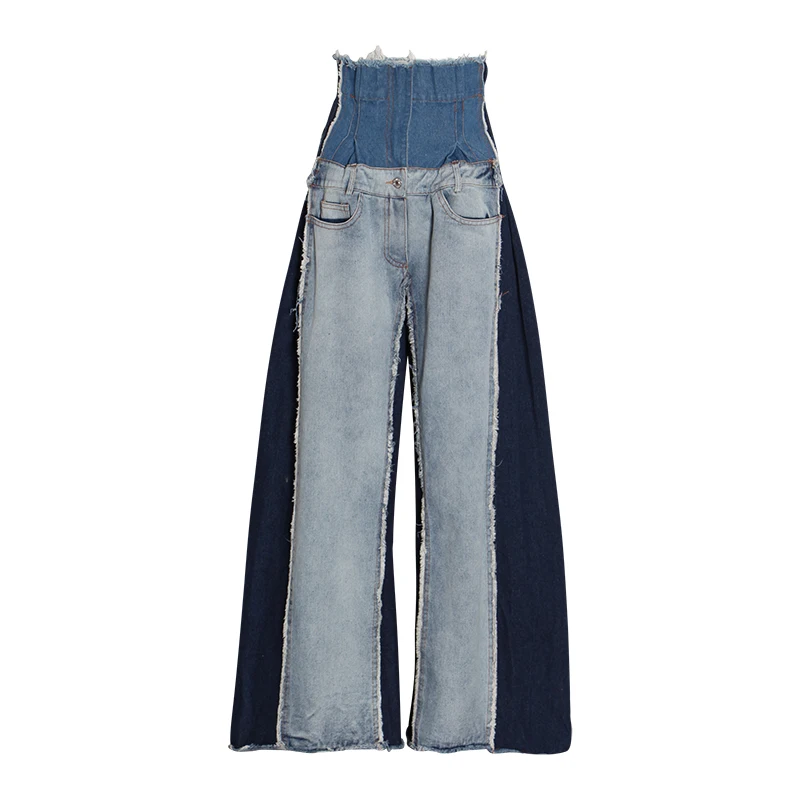 TWOTWINSTYLE Denim Patchwork Trousers Women High Waist Hit Color Large Size Wide Leg Pants Female Fashion Autumn Tide