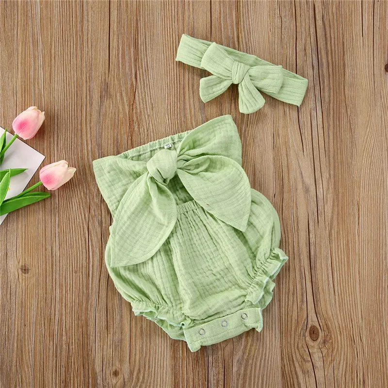 

Infant Baby Girls Cotton Linen Romper+Headband 2Pcs 4 Color Wrap Chest Bowknot Strapless Jumpsuits Sleeveless Baby Girls Rompers
