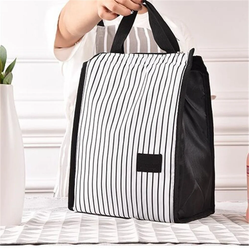 

Best Sale Black White Stripes Portable Thermal Lunch Bags Women Men Food Picnic Cooler Box Insulated Tote Bag Storage Container