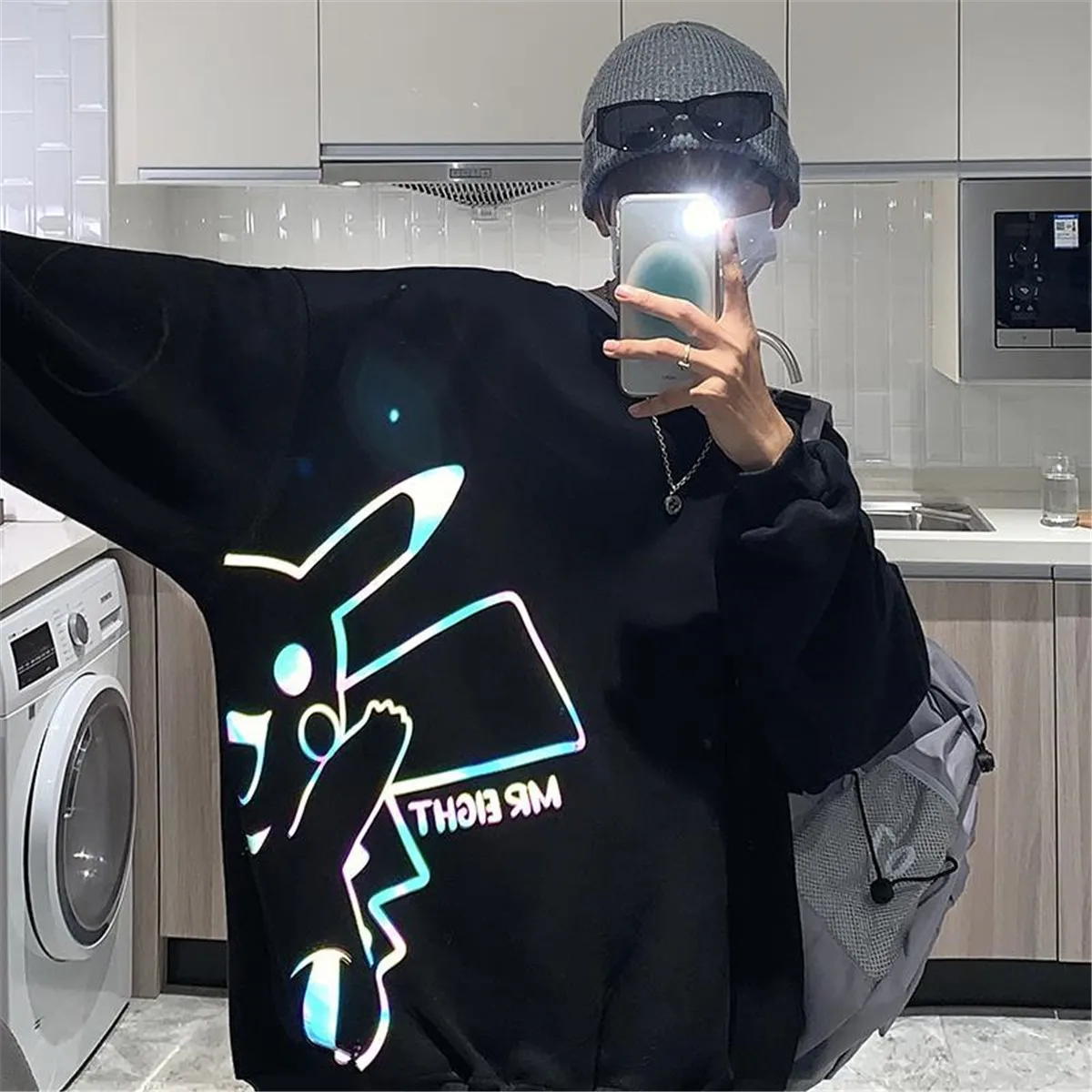 

Reflective Hoodie Sweatshirt Girl Women Loose Cartoon Hip Hop Tops Autumn Autumn Funny Oversize Korean High Street Hoodies Coat