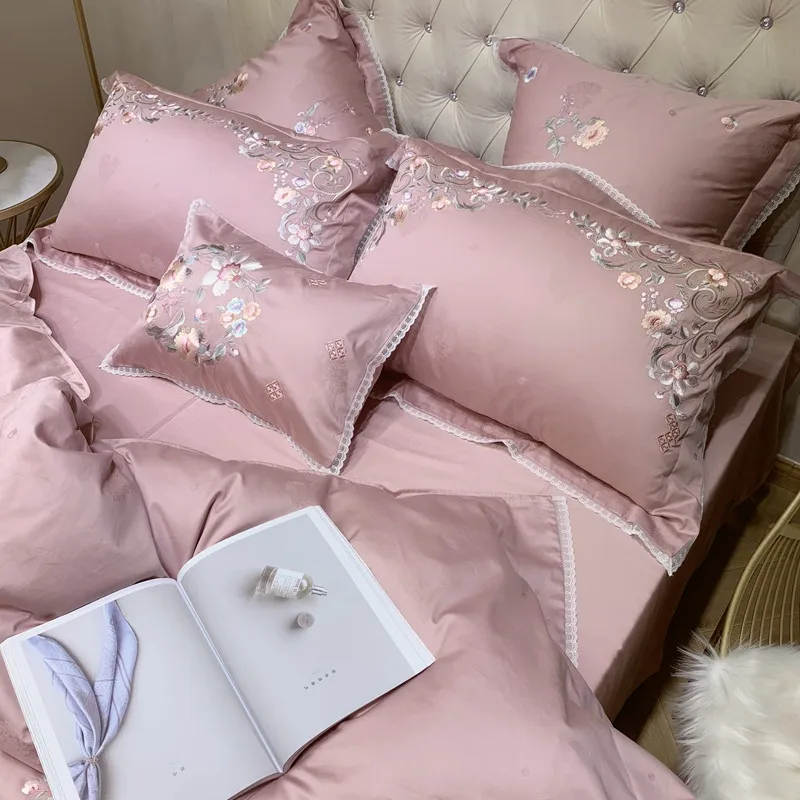 4/7 шт. 800TC египетского хлопка розового цвета с вышивкой и цветочным принтом