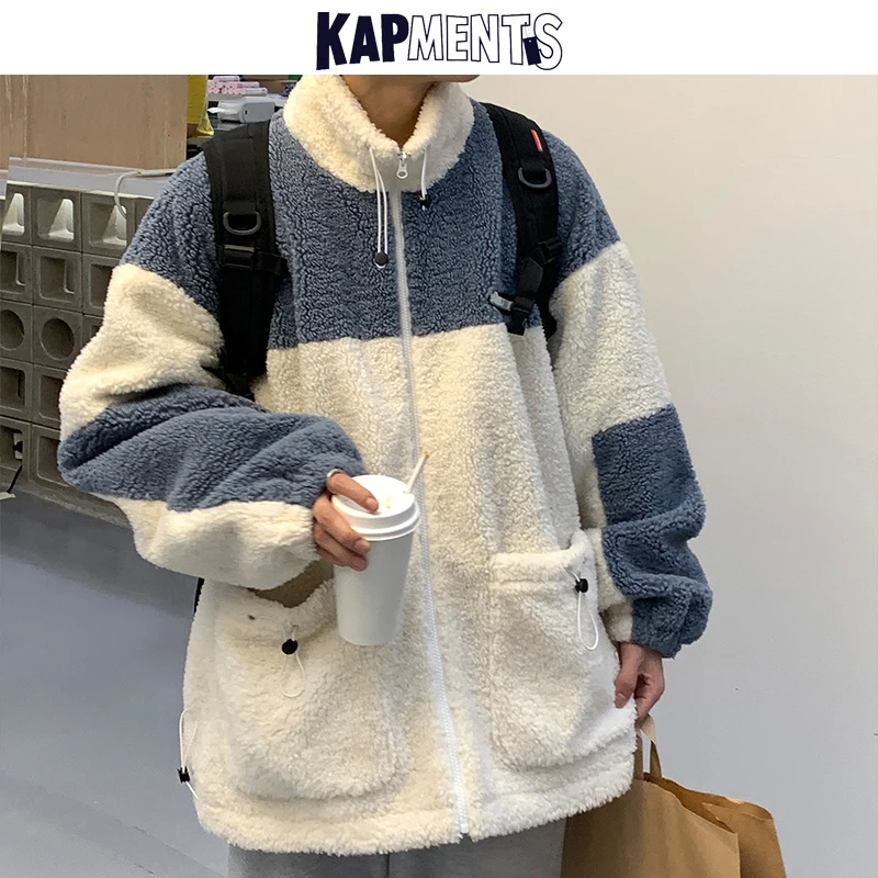 

KAPMENTS Men Patchwork Lambswool Winter Varsity Jacket 2022 Mens Oversized Korean Streetwear Bomber Jacket Male Vinatge Outwear