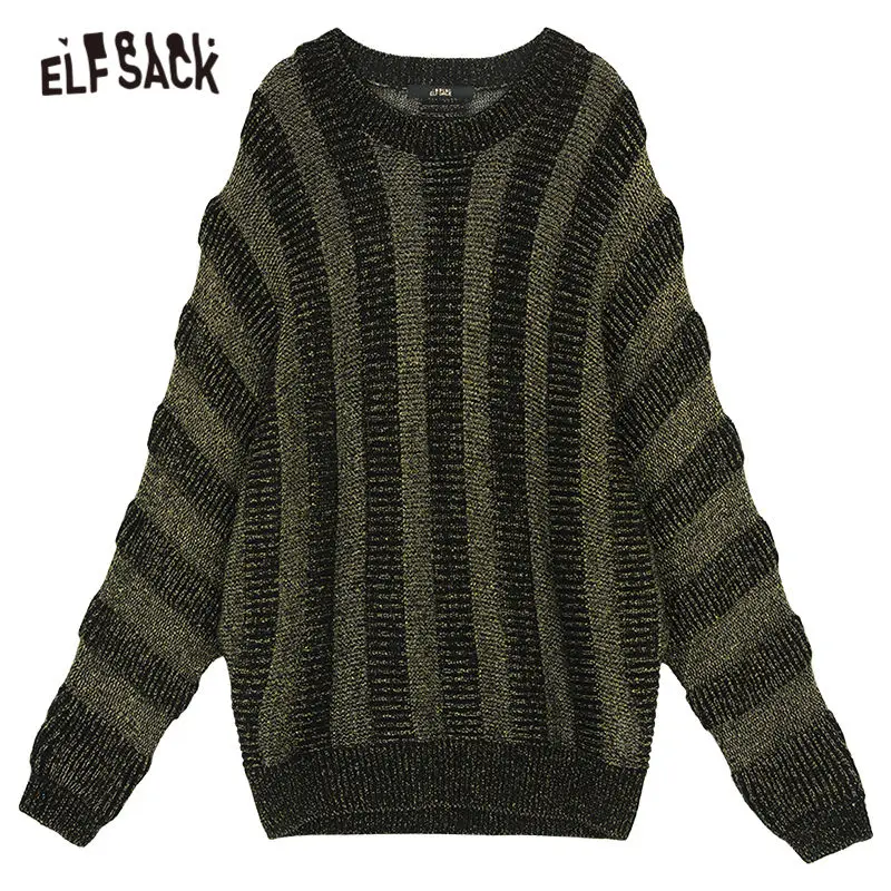 ELFSACK, черный полосатый лоскутный Золотой Шелковый женский пуловер, свитера, осень, модный прямой Повседневный свитер с длинным рукавом