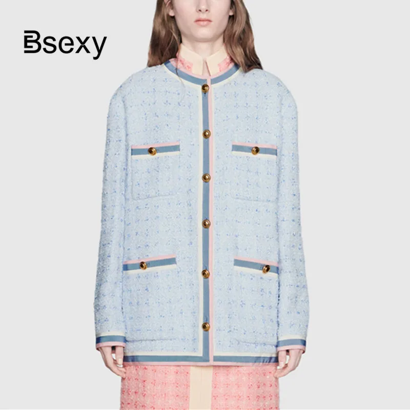 Роскошная подиумная Женская твидовая куртка пальто 2019 Осень Зима Однобортный