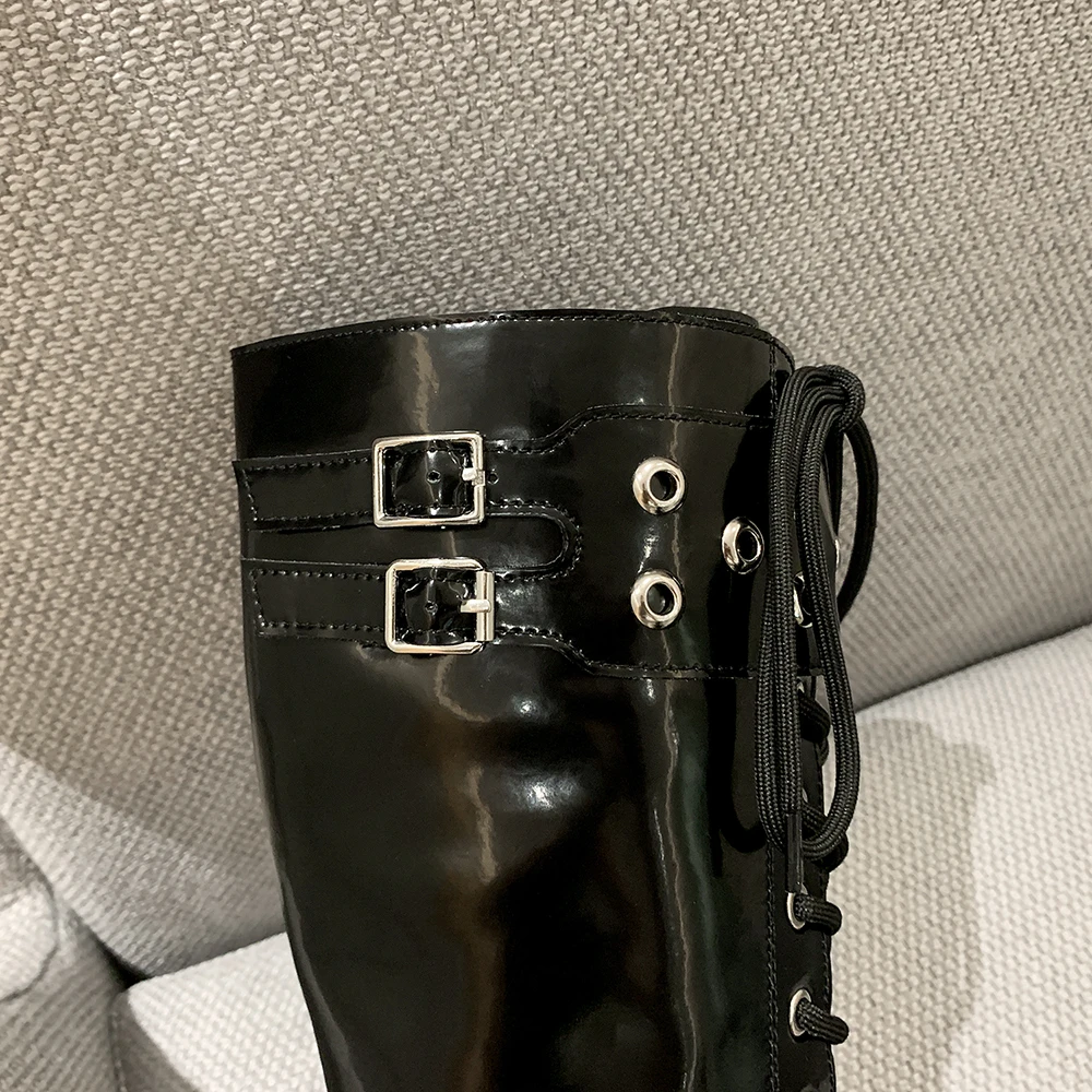 

Kickway Top Quality Genuine Leather Knee High Boots Women Cow Leather Lace up Buckle Female Round Toe Casual Booties Shoes Woman