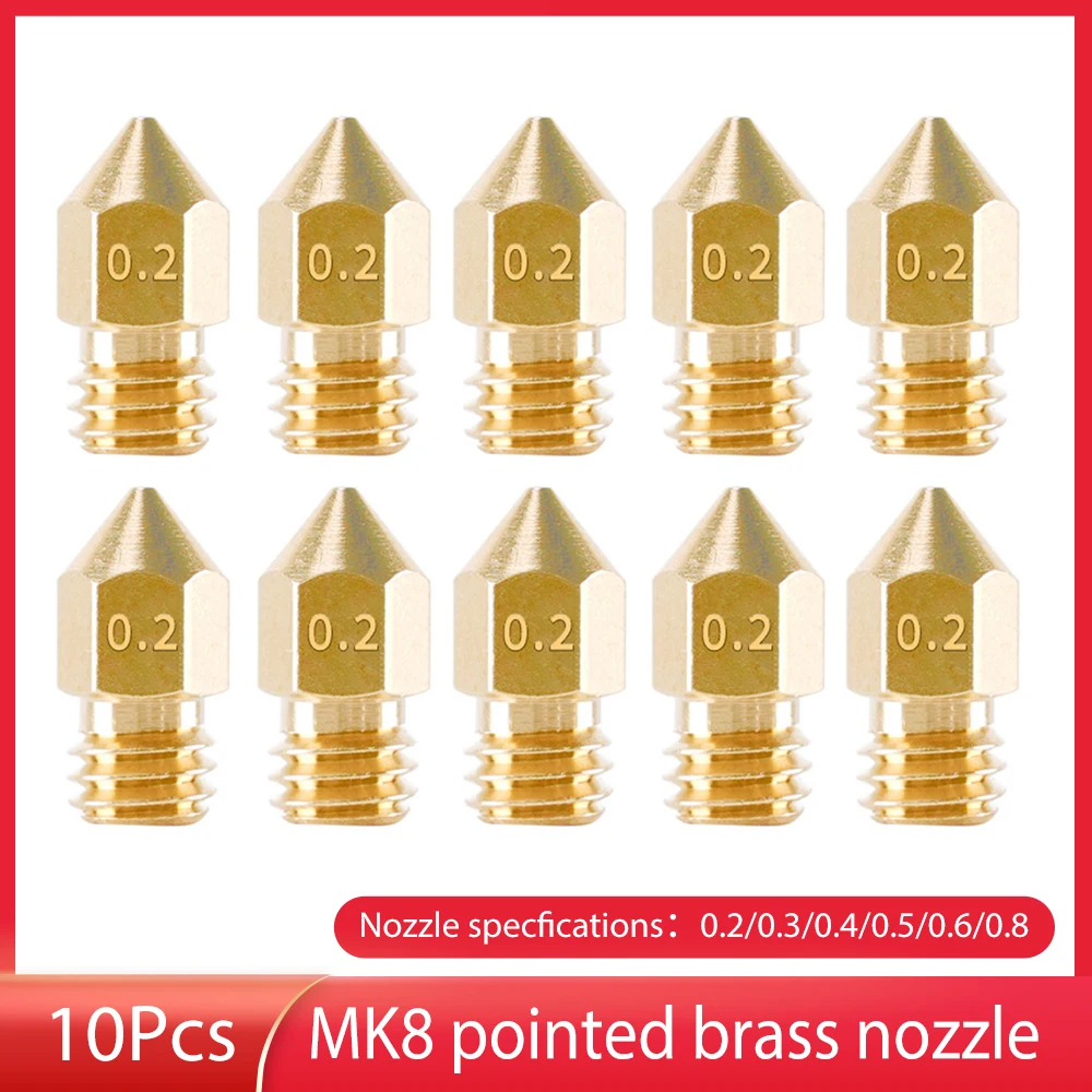 

10pcs 3D Printer Nozzles Set 0.2/0.3/0.4/0.5/0.6/0.8mm Extruder Printing Brass Heads For 1.75mm MK8 Makerbot Accessory