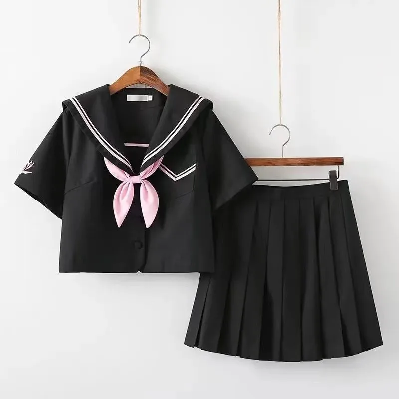 

2021 Summer New Japanese JK Uniform Set Pink Navy Blue Student Sailor Suit Jacket Pleated Skirt Middle High School Uniforms Suit