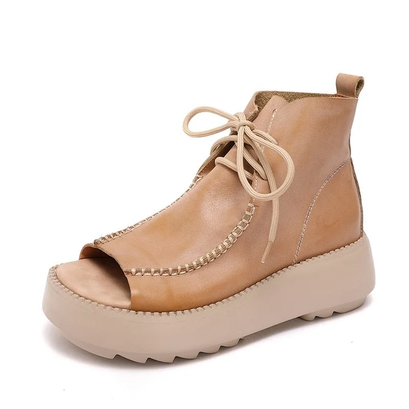 

Women Leather Boots Summer Shoes Peep Toe High Heels Wedge Sandals For Women Ankle Boots Handmade Genuine Leather Women Shoes