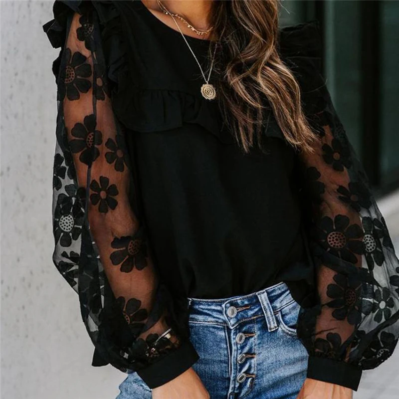 

Women Lace Floral Transparent Ruffles Patchwork T Shirt Ladies Long Sleeves O Neck Tops Fashion Female Casual T Shirt