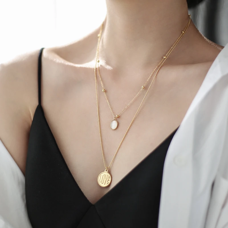 

YUN RUO Fashion Cat Eyes Opal Coin Double Chain Predant Necklace Rose Gold Titanium Steel Jewelry Woman Gift Not Change Color