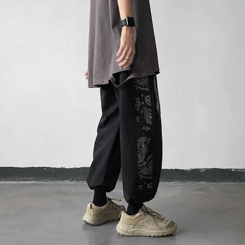 

High street style dark pants men's Korean style trend versatile banded wide leg pants ins9 Capris